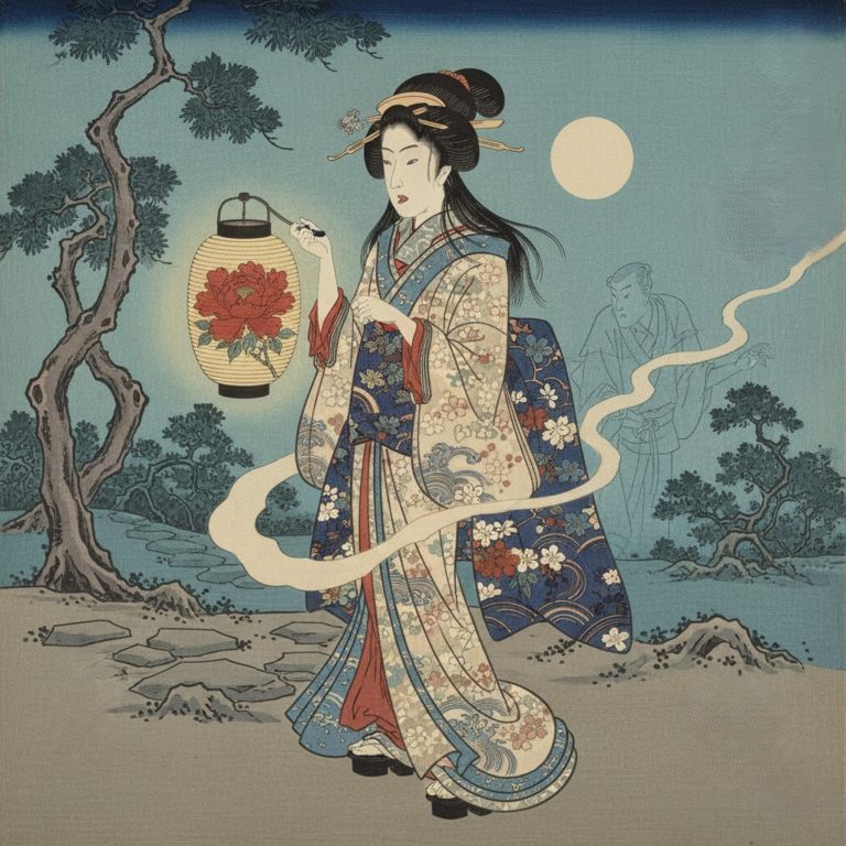 Otsuyu apparaît vêtue d’un kimono élégant