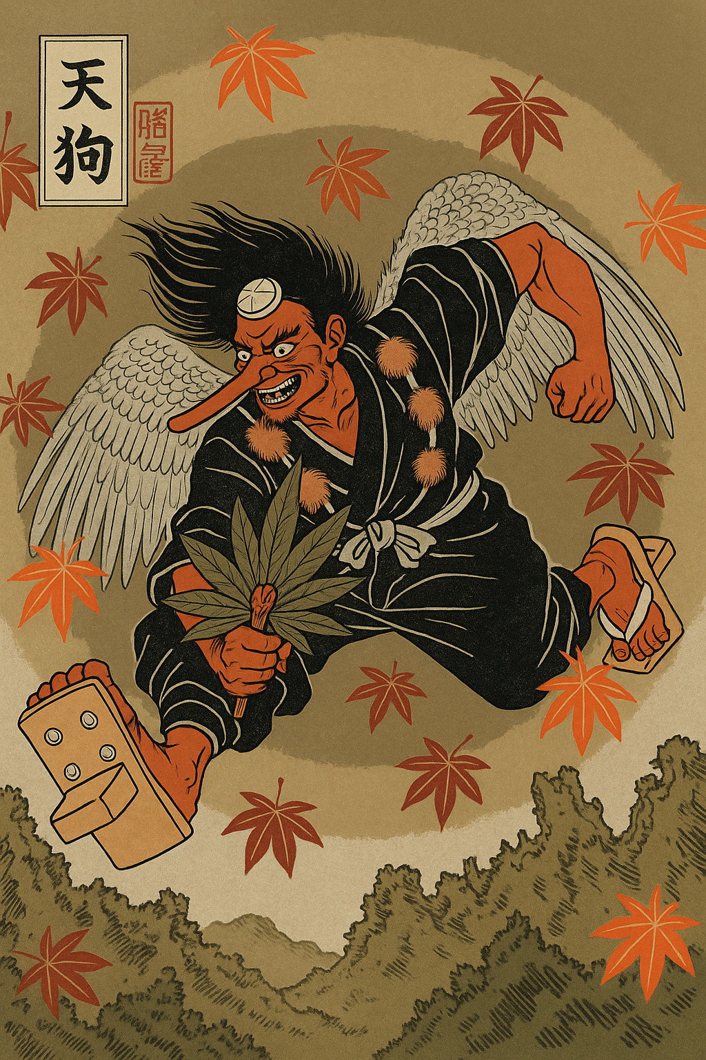 Esprit Tengu japonais dans une forêt de montagne, style estampe ukiyo-e avec masque rouge et nez long