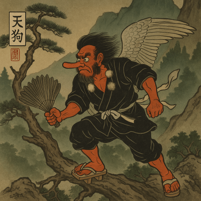 Tengu guerrier du folklore japonais portant tenue yamabushi, ailes sombres et katana dans un paysage de temple en montagne