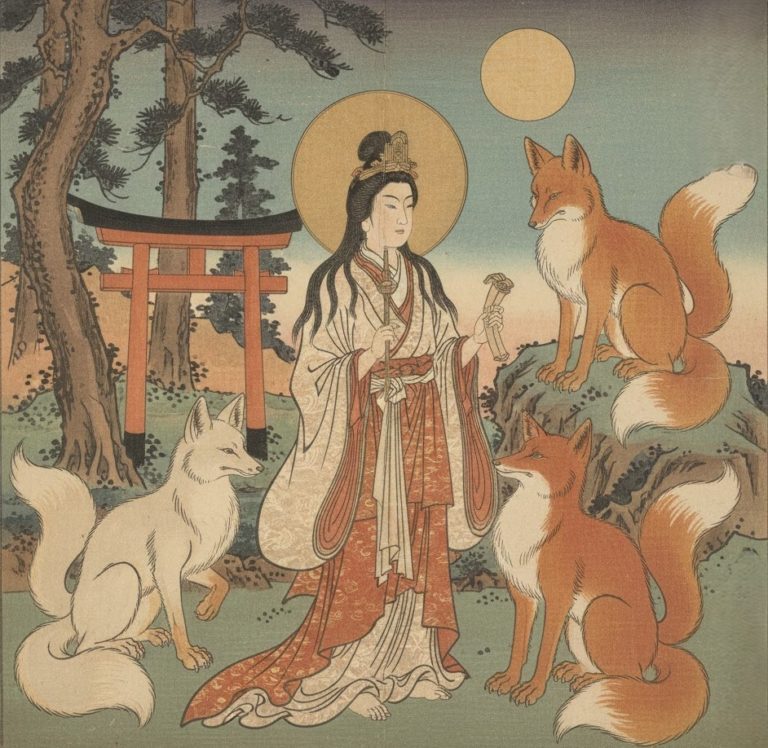 Représentation d’Inari sous forme de divinité entourée de kitsune.