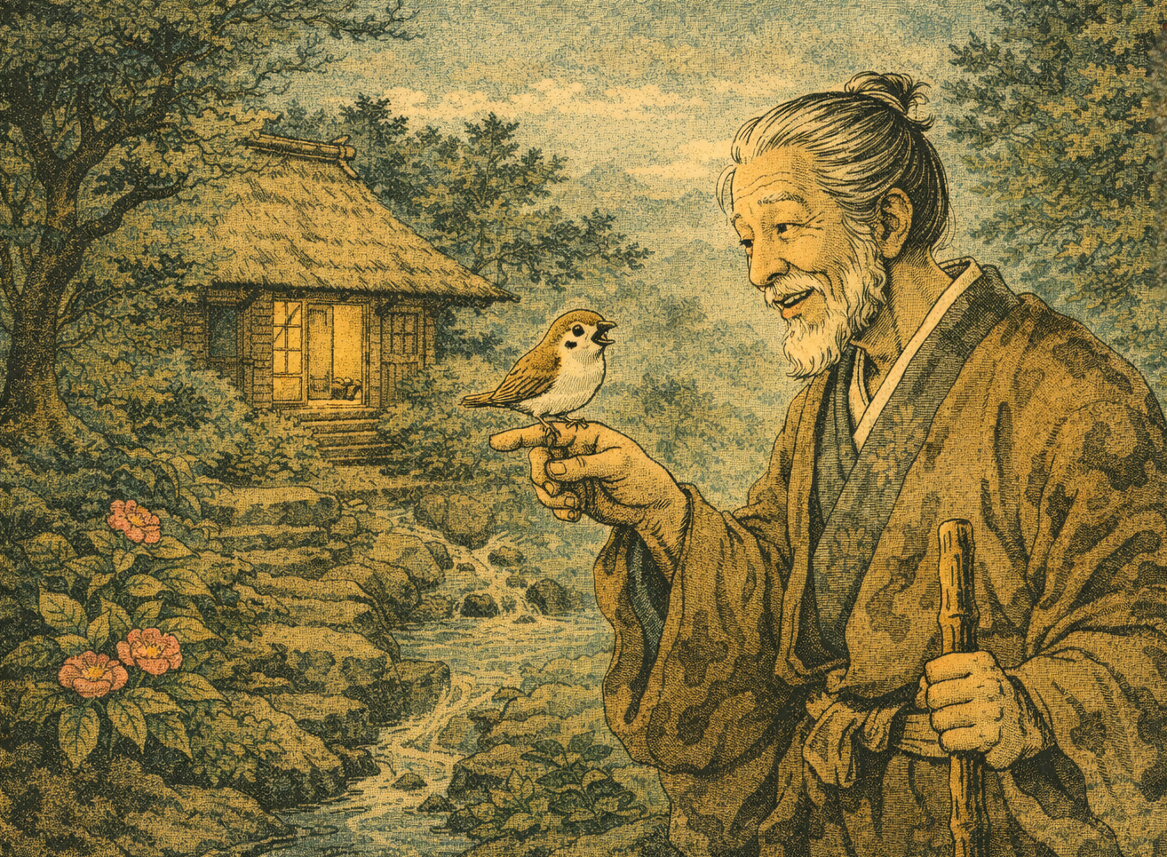 Shita-kiri Suzume - Un vieil homme bienveillant recueille et soigne un petit moineau blessé.